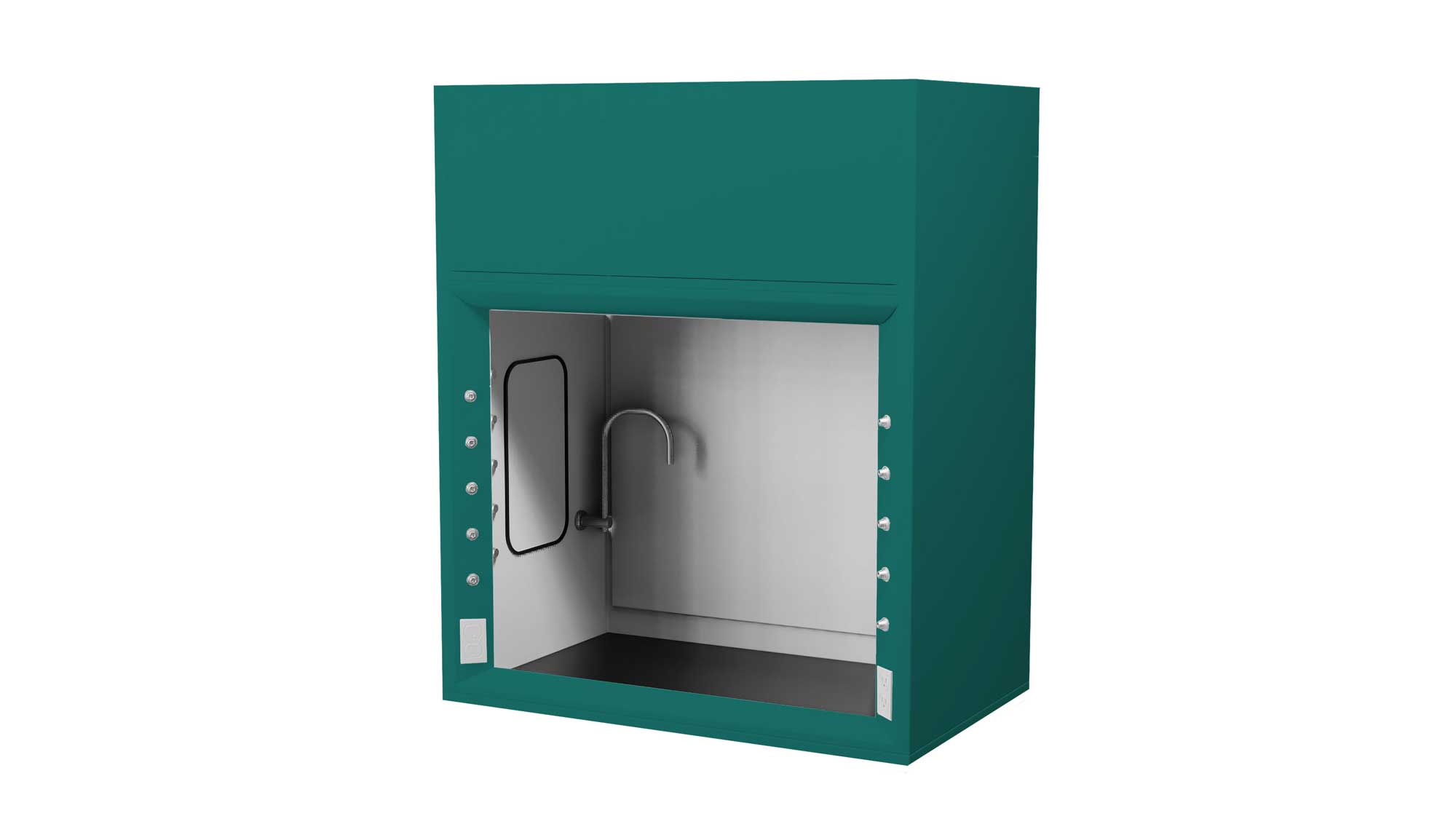 Wall-mount fume hood enclosure with stainless interior, faucet, and service valve ports