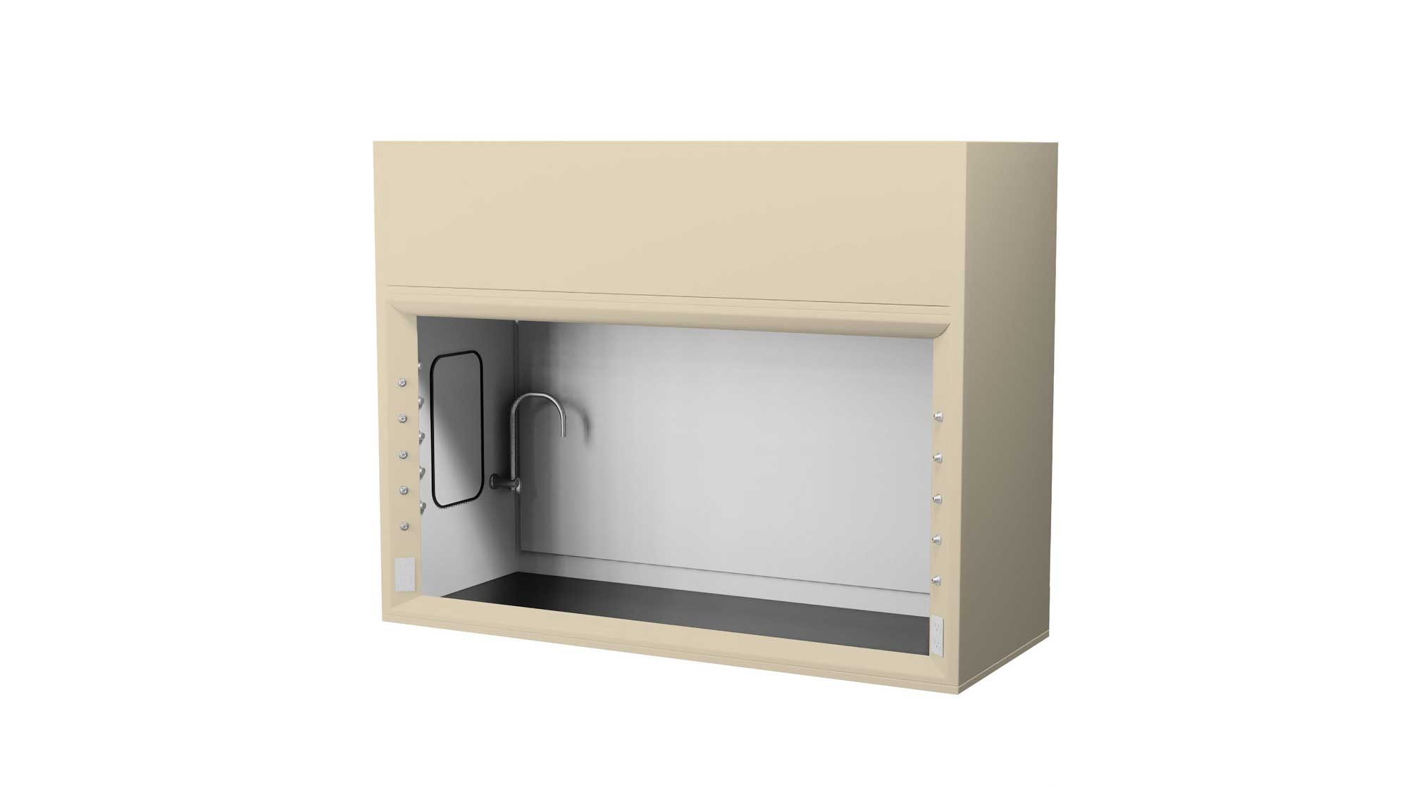tan V127 fume hood installed over a black storage cabinet with glass front sash and utility faucet connection