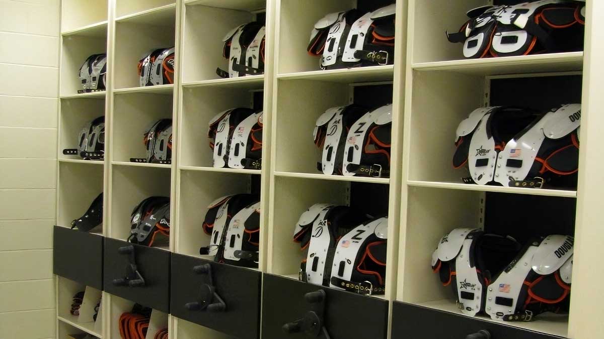 shelves football shoulder pad storage for orderly sports gear arrangement