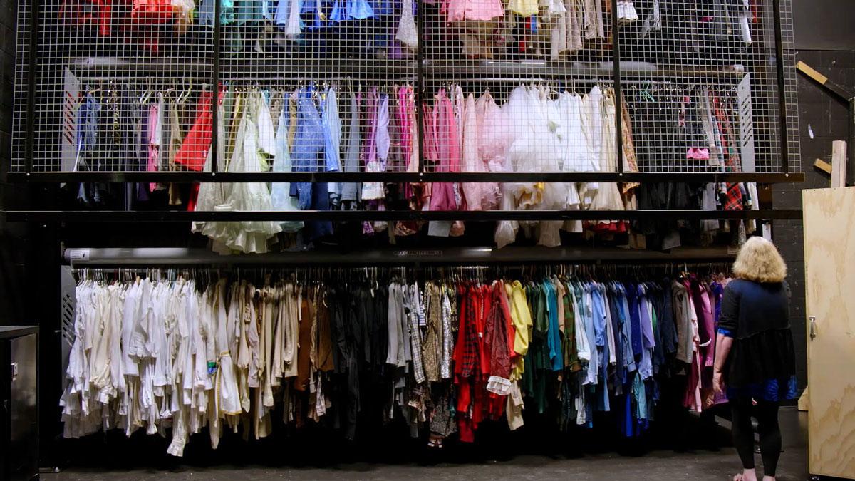 Automated vertical carousel with multi-level racks for storing costumes and clothing by color and category