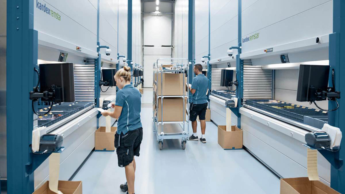 Compact Kardex Shuttle XP vertical lift module in small industrial space
