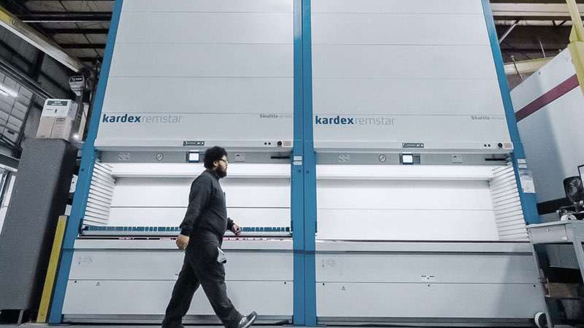 Kardex Remstar vertical lift systems with locking security doors used in a secure industrial facility for restricted access storage