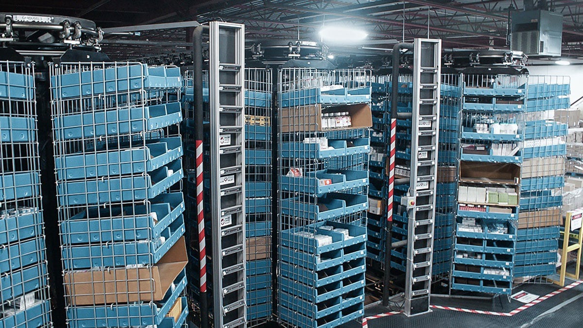 Automated storage with rotating shelves and totes for small parts and medical supplies