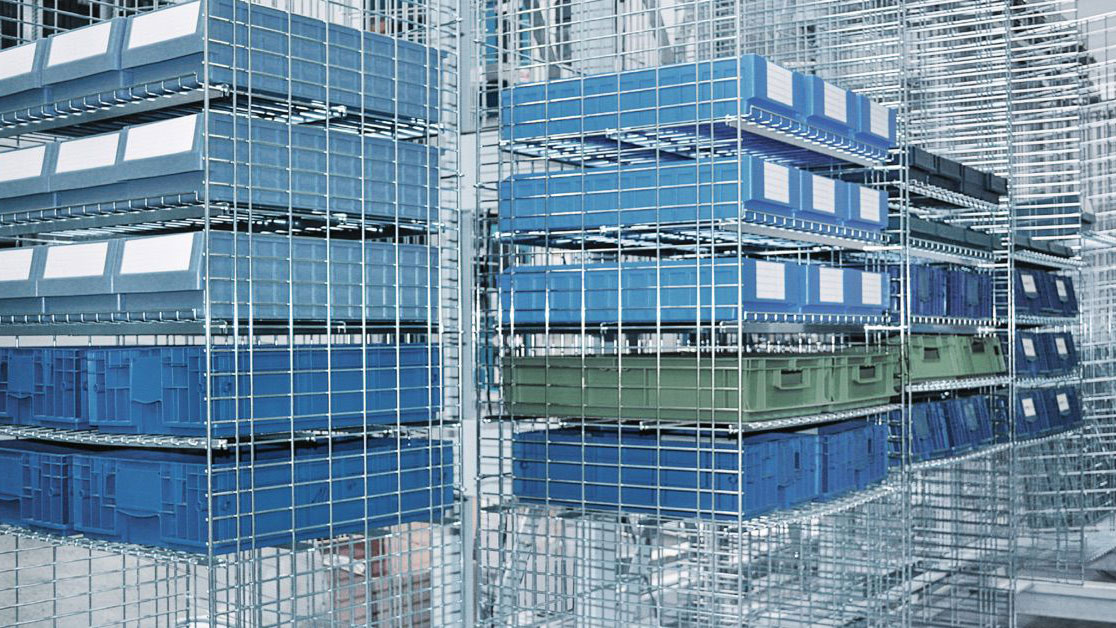 Wire shelving and modular bins organized for service parts