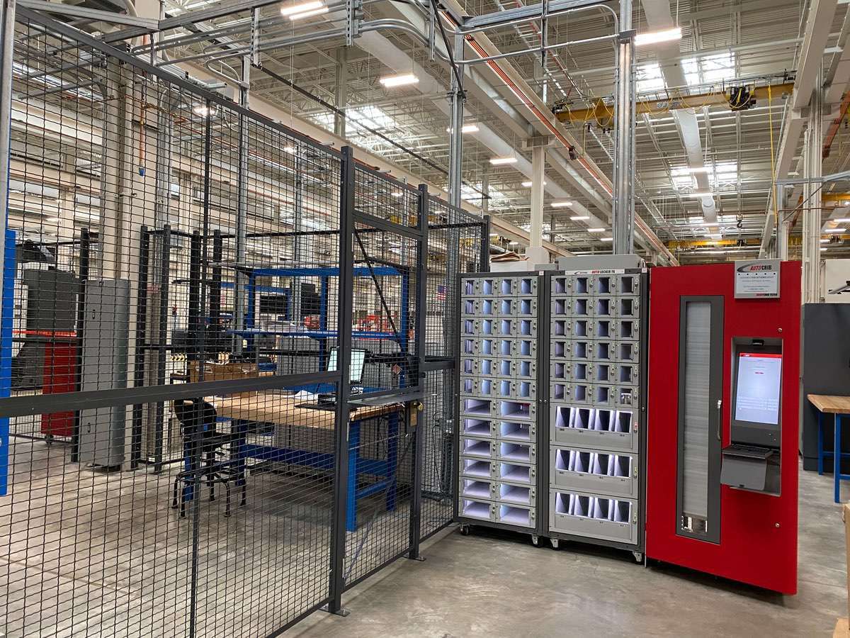 Tool and supply vending setup with AutoCrib machines and labeled drawer cabinets for efficient inventory control