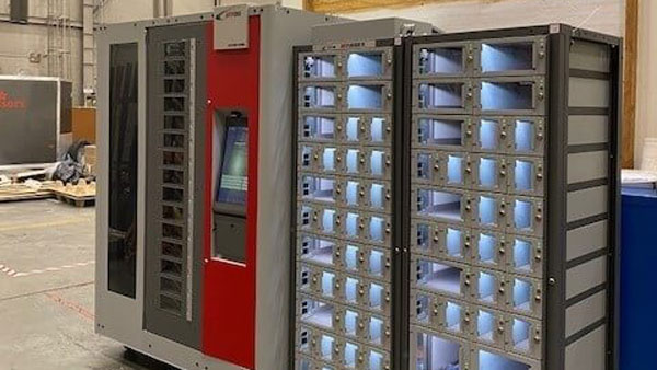 Industrial vending system mounted on a pallet, combining an AutoCrib VLM and AutoLocker FX for mobile supply dispensing