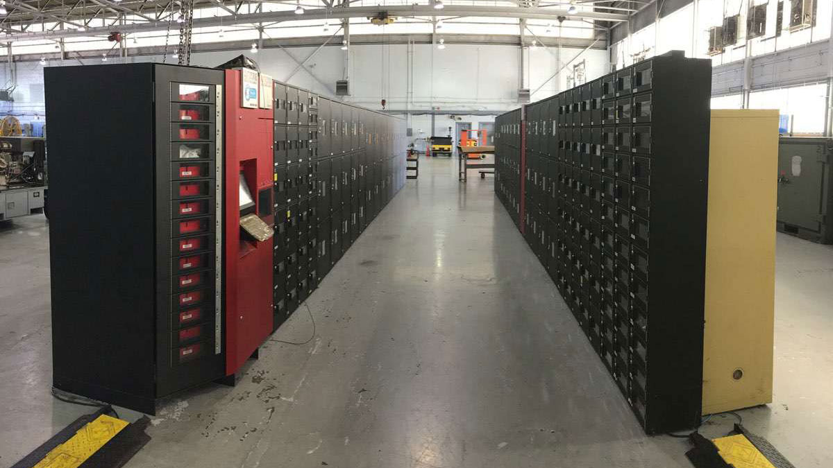 Rows of vending cabinets in a warehouse