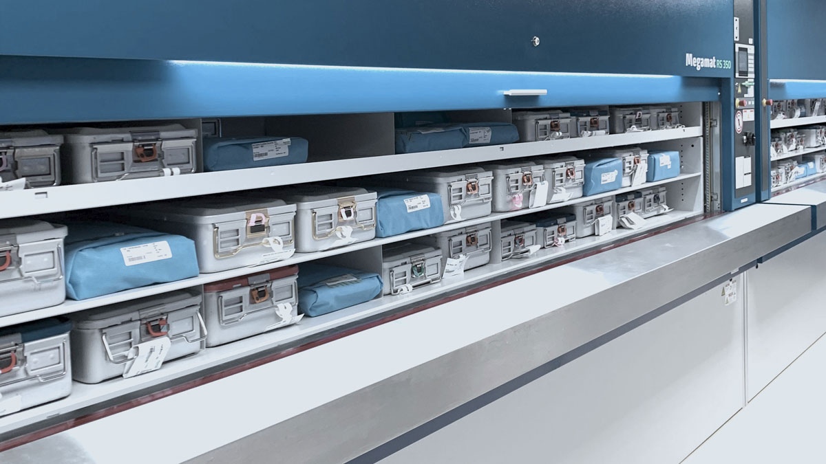 Hospital sterile core using enclosed vertical carousel carriers