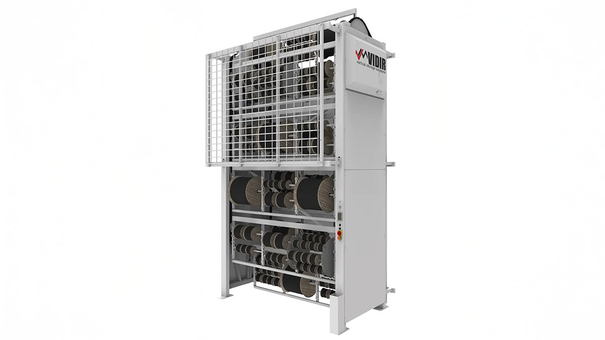 Industrial carousel rack system for storing and accessing a variety of colored cable and hose wire spools vertically