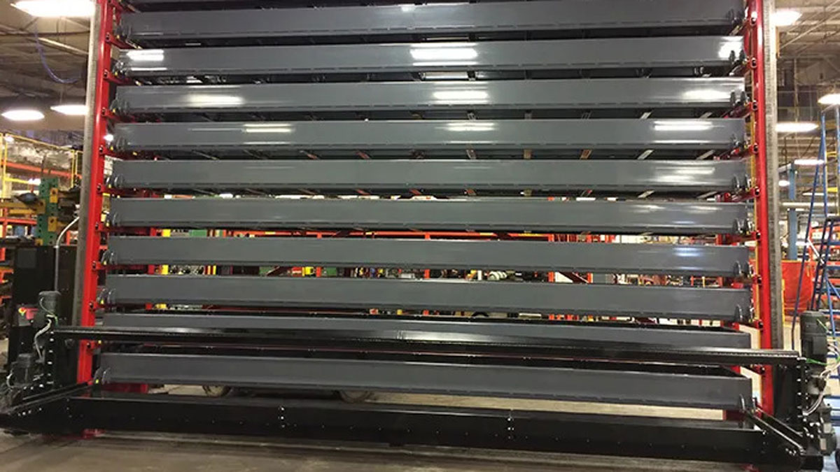 Heavy-duty steel sheet and plate vertical storage lift with powered shelves for industrial warehouse optimization