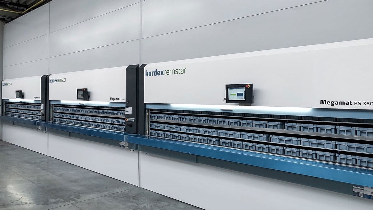 Multiple Kardex Megamat RS 350 vertical carousels installed at a bike warehouse, showing large-scale industrial parts storage automation