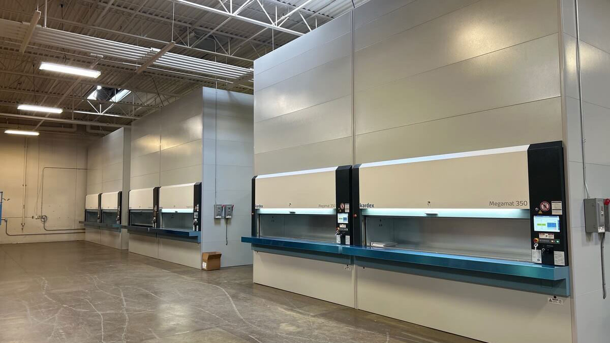 Row of Kardex Megamat 350 vertical carousels for high-density parts storage
