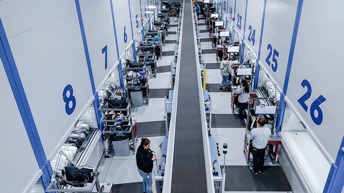 High-tech warehouse with vertical lift modules (VLMs) and workstations organized by numbered bays for efficient inventory management and order fulfillment