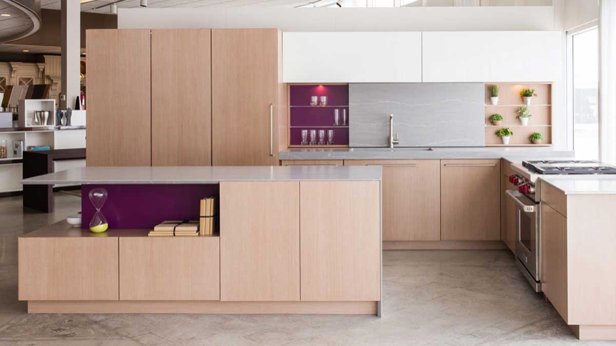 Mid-century style office breakroom with island, oven, and sink