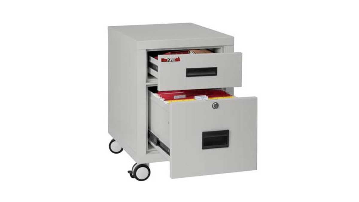 Fireproof file cabinets protecting critical paper records in an office