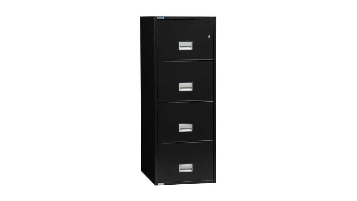 Filing cabinet with four drawers and key lock for securing hanging legal-size documents