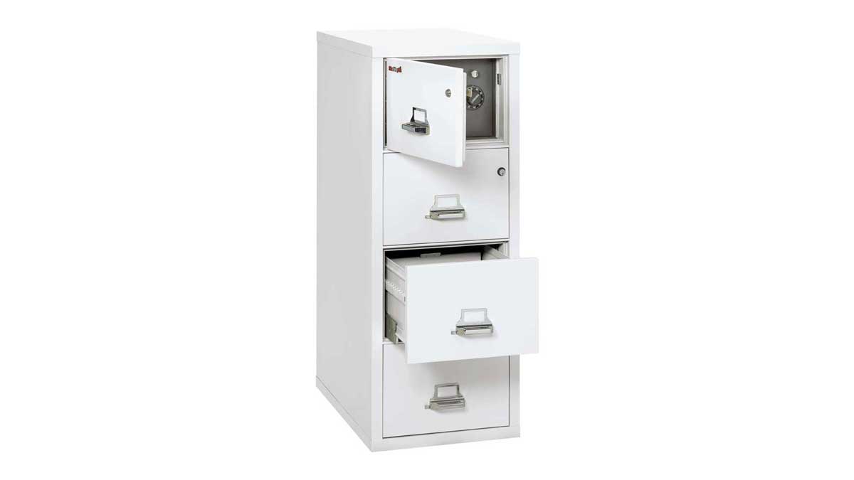 Filing cabinet with top safe drawer and combination lock above three hanging-file drawers.