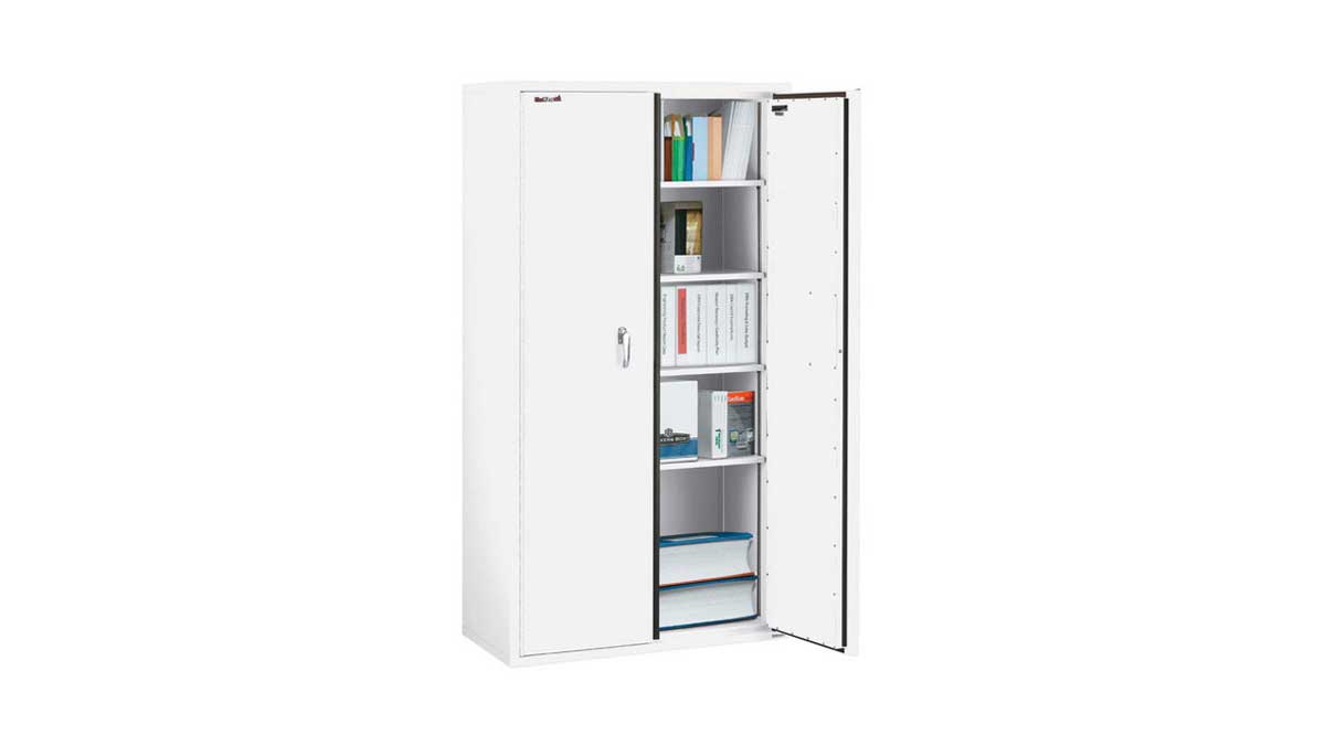Fire-resistant file cabinet with two doors and lever handles for secure file organization.