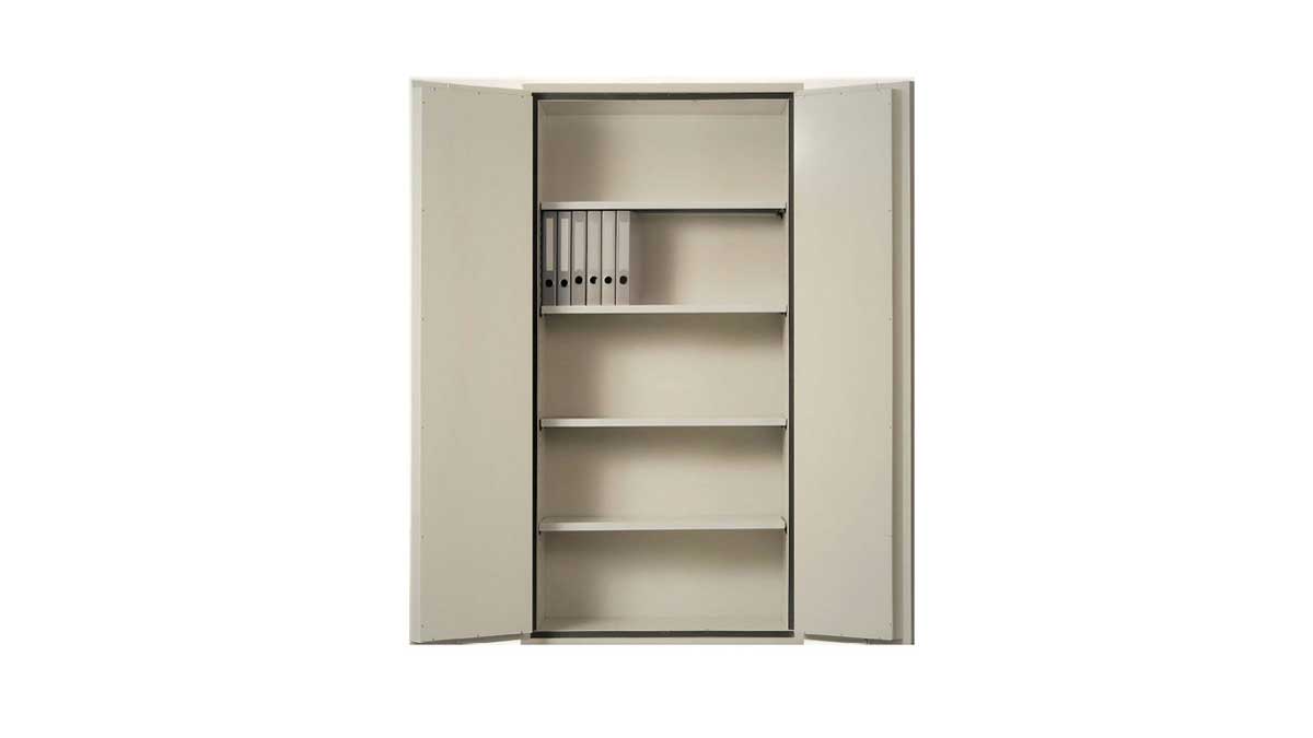 Fire-resistant storage cabinet with adjustable shelves for binder and file storage