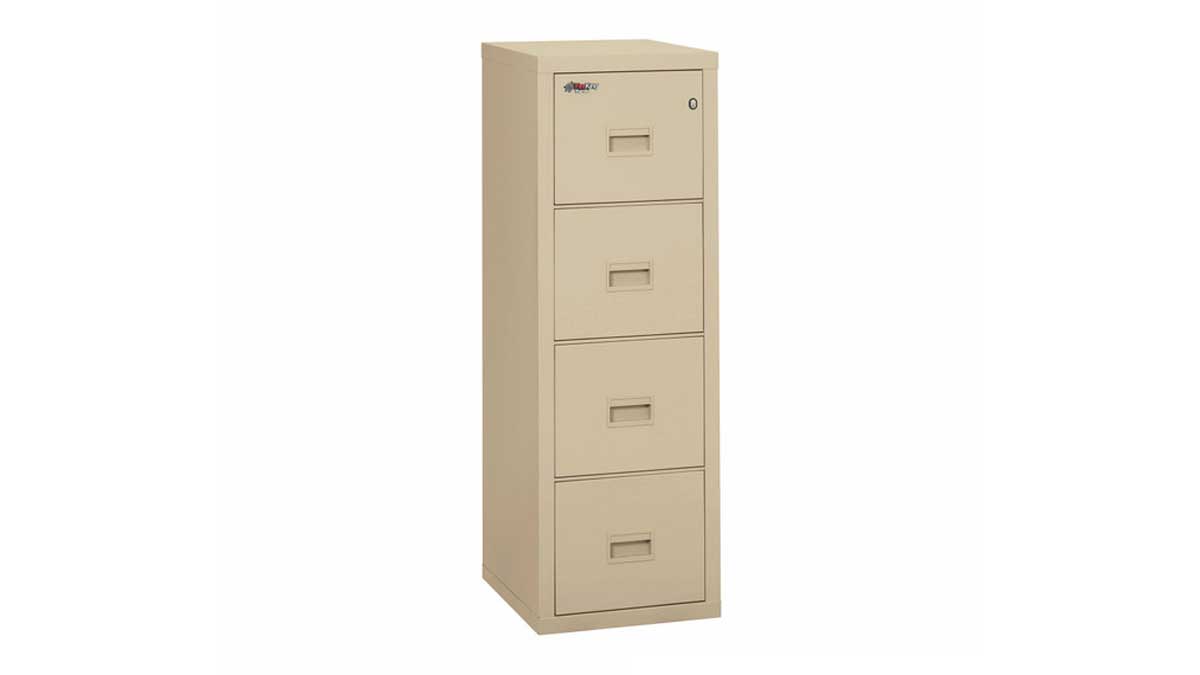 Vertical filing cabinet with four drawers and top-drawer lock for hanging files.