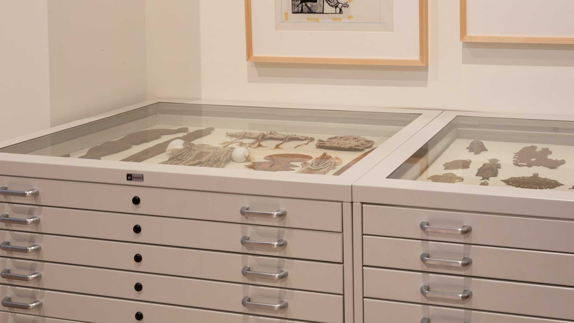 Glass-topped flat-file cabinets used to display preserved artifacts and specimens under protective covers.