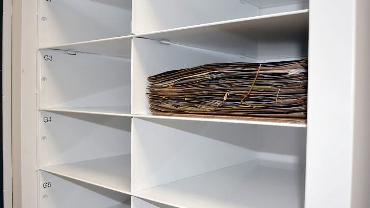 Single-door cabinet with pullout worksurface holding specimen folders