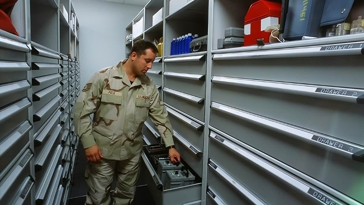 Secure modular drawers used for tool control in a maintenance depot.