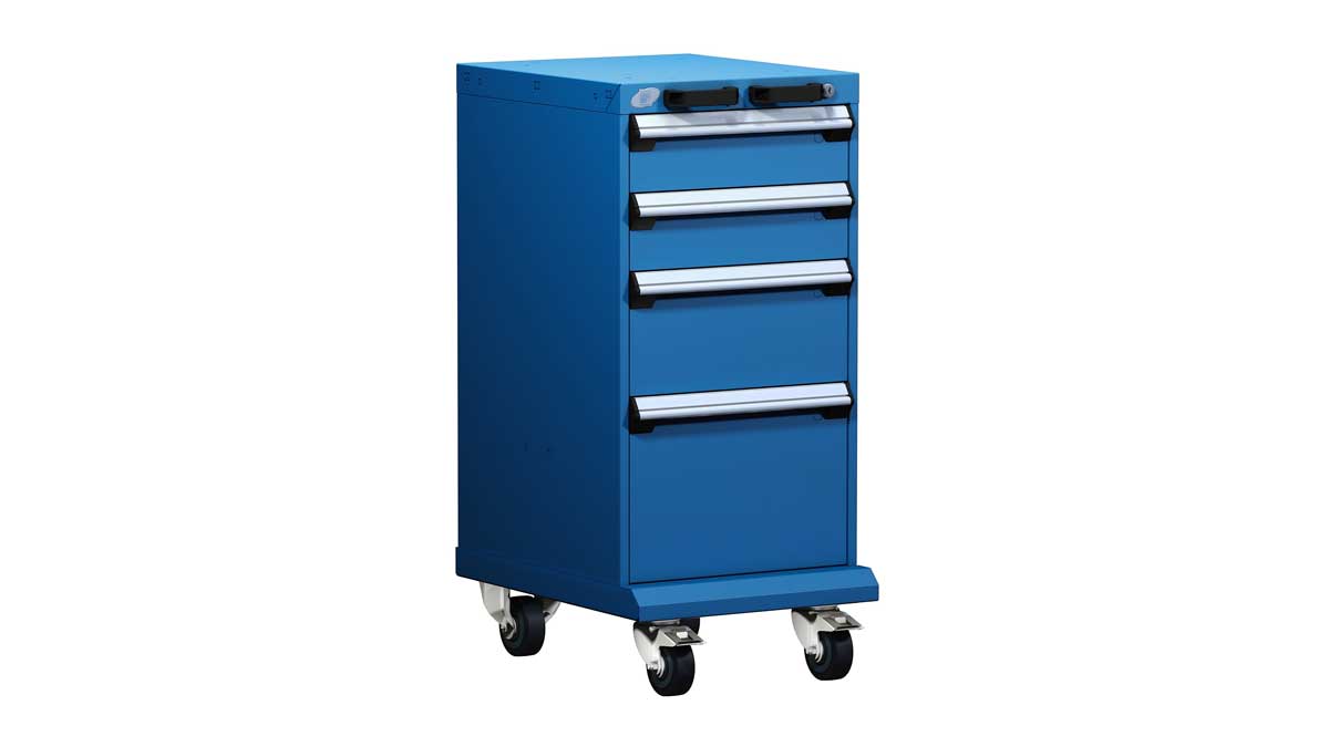 Compact modular drawer cabinet with lockable drawers on wheels.