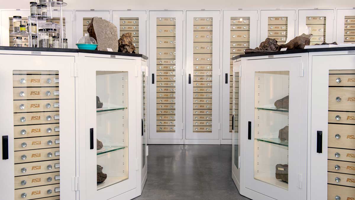 display storage geology cabinets at Arizona State University showcasing geological samples