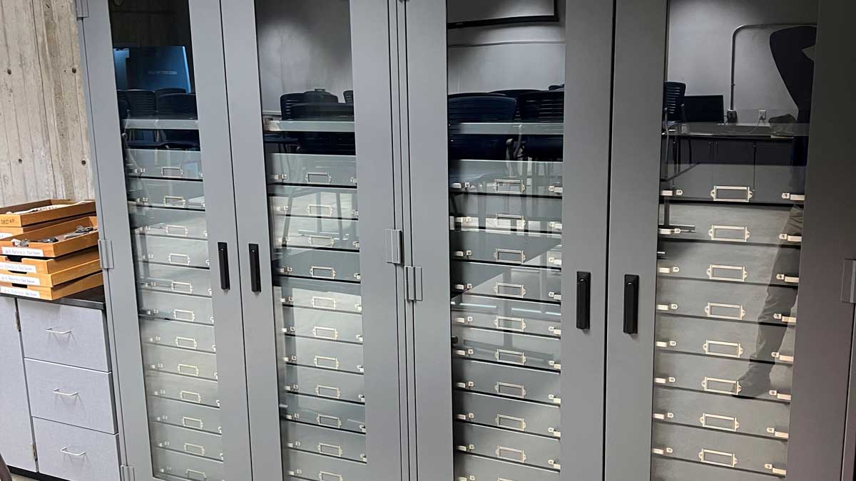 geology cabinet at a university used for storing rock and mineral samples