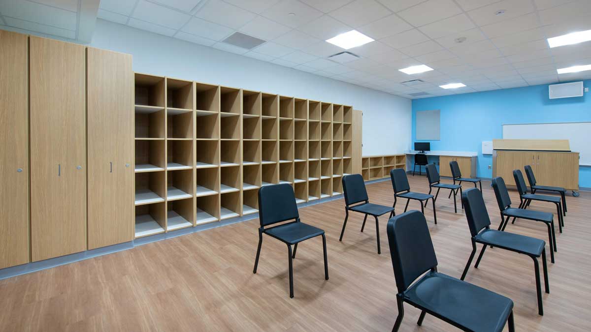Music classroom storage cabinets with built-in shelves and durable design.