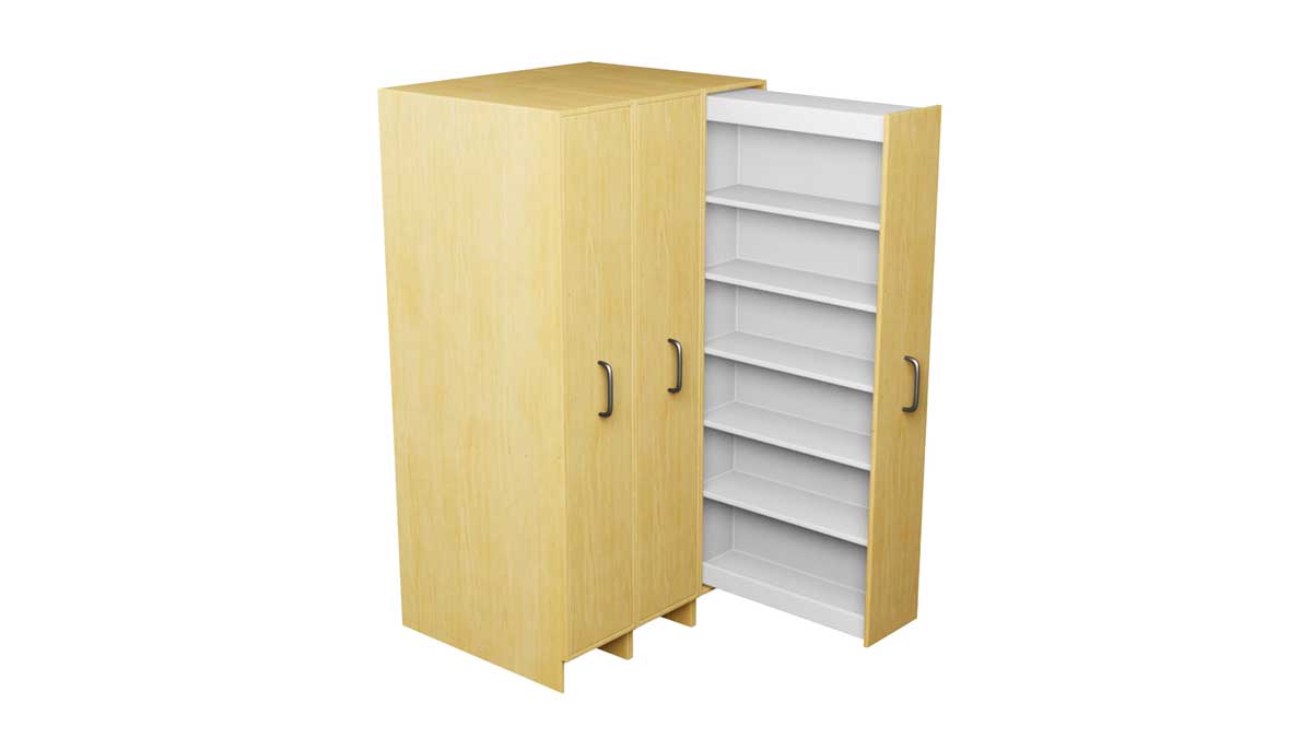 Pull-out music storage cabinet providing convenient access to stored music collections.