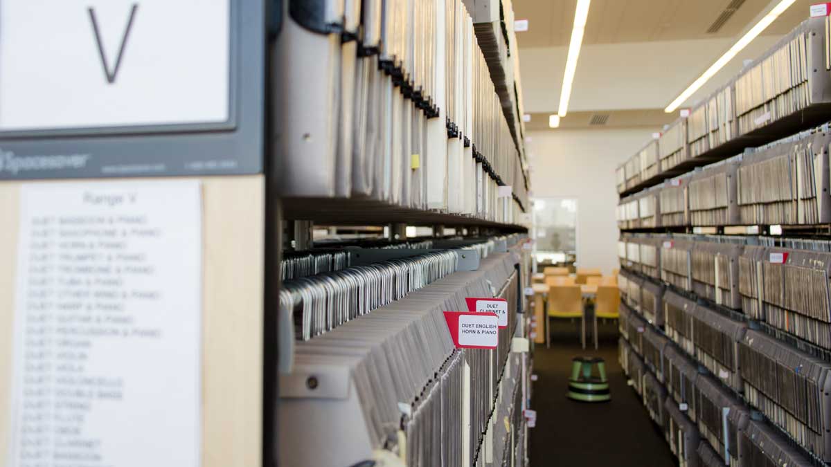 University sheet music shelving for shared storage
