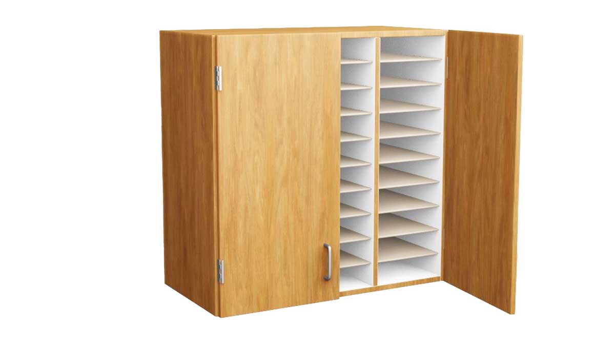 Wooden folio cabinet with multiple shelves for music library storage needs.