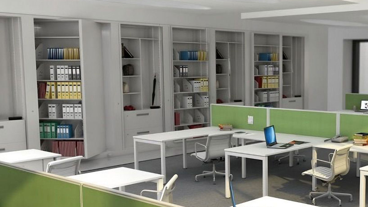 modern open-plan office with white desks and integrated sliding-door filing cabinets for document and binder organization
