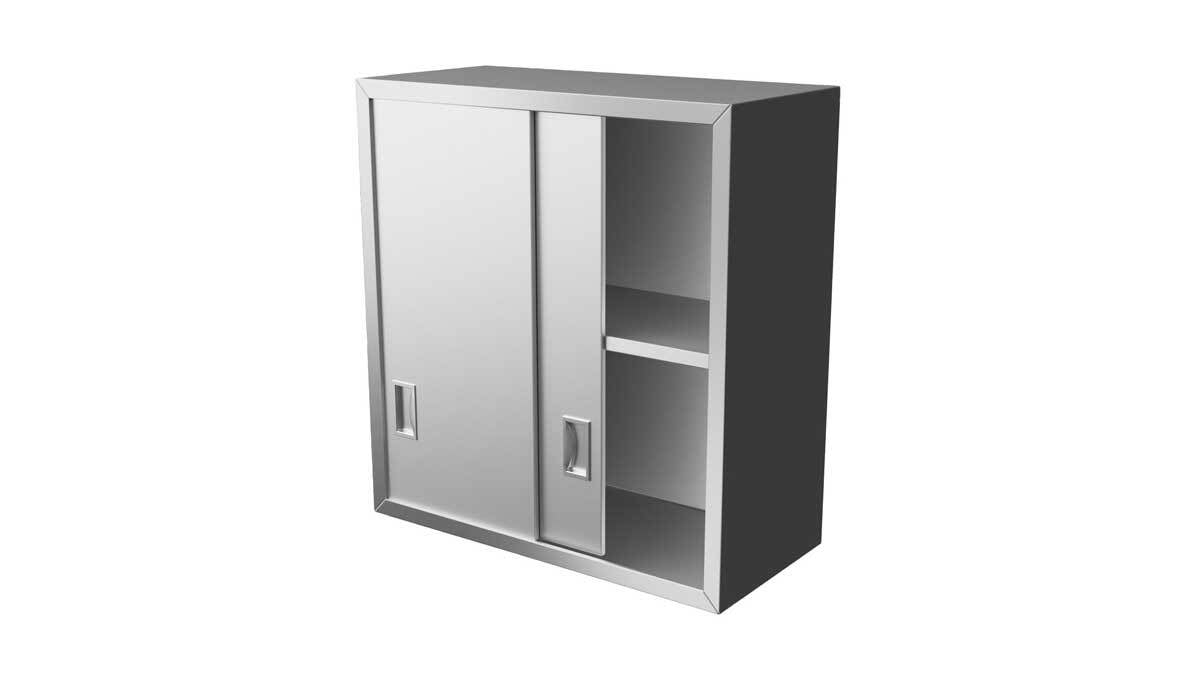  wall-mounted cabinet with sliding glass doors and internal shelving to store and display supplies securely