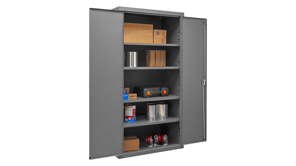 Industrial storage cabinet with adjustable shelves for secure and organized tool storage