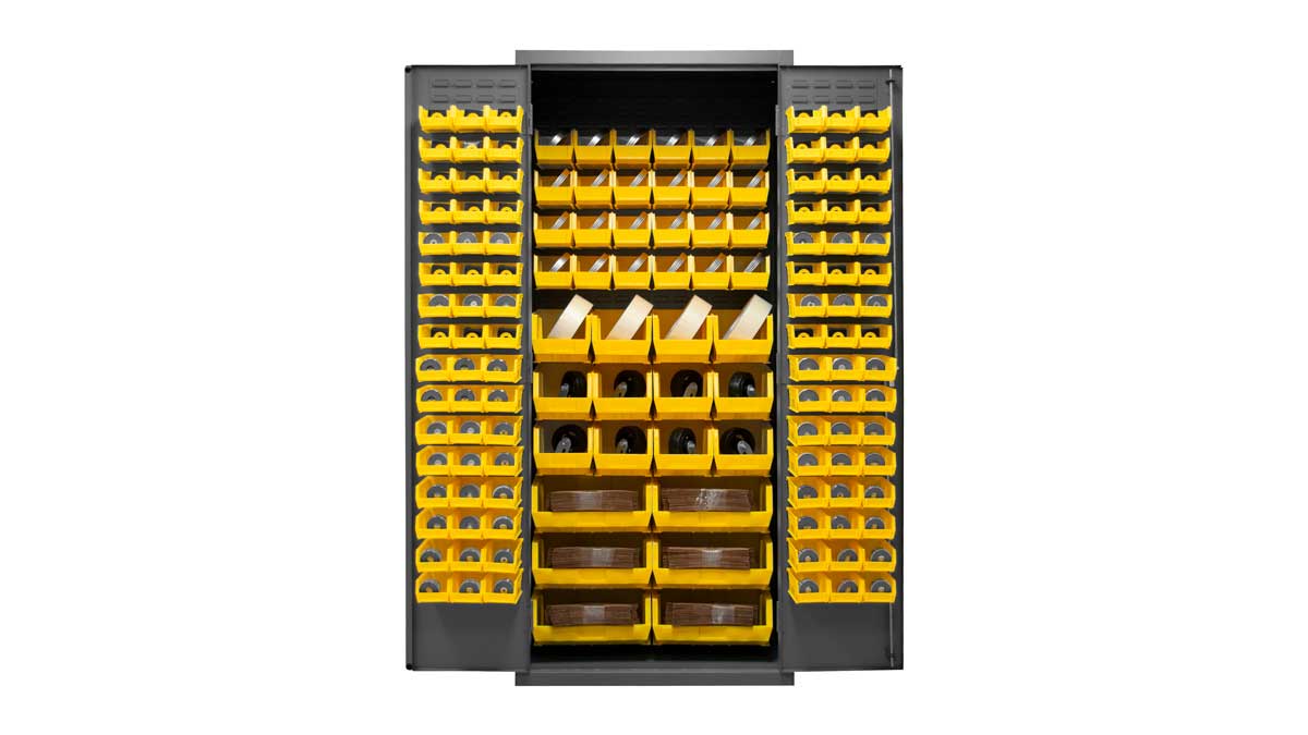Storage cabinet with multiple bins for organized storage of small parts and tools