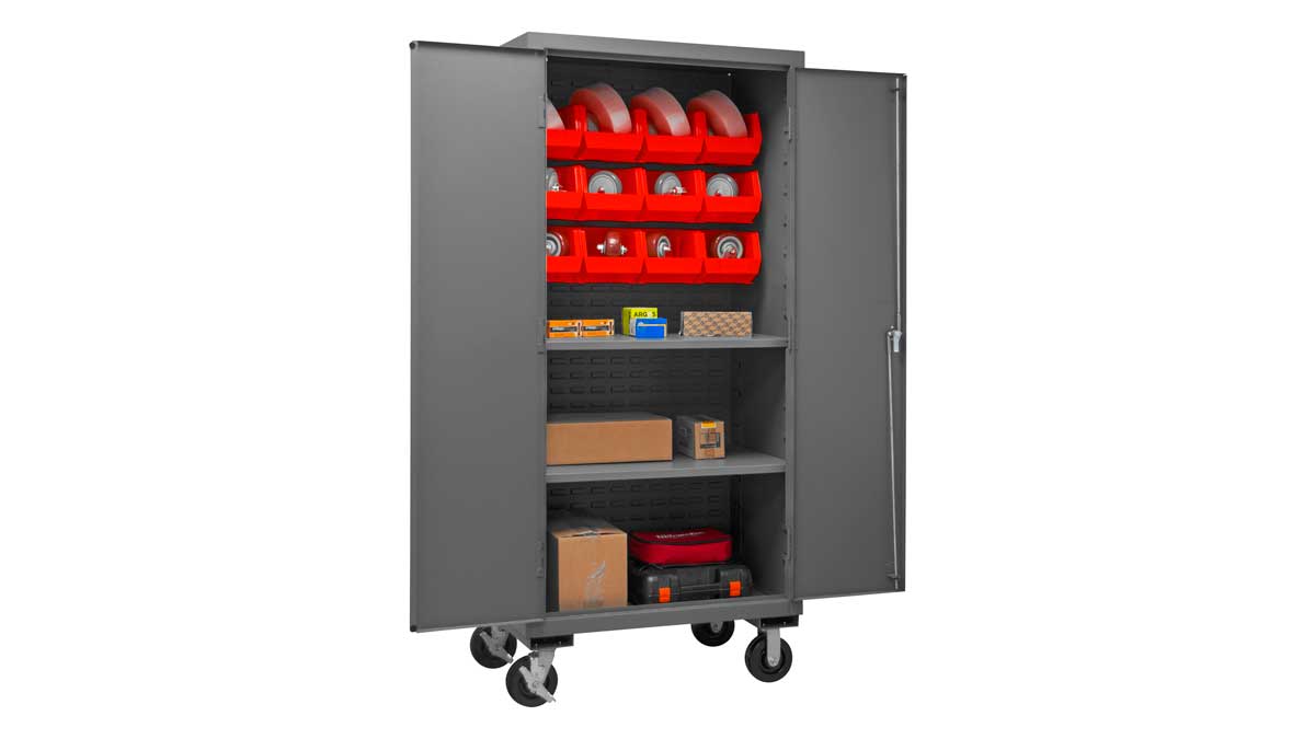 Heavy duty mobile cabinet with shelves and secure doors for flexible storage and mobility