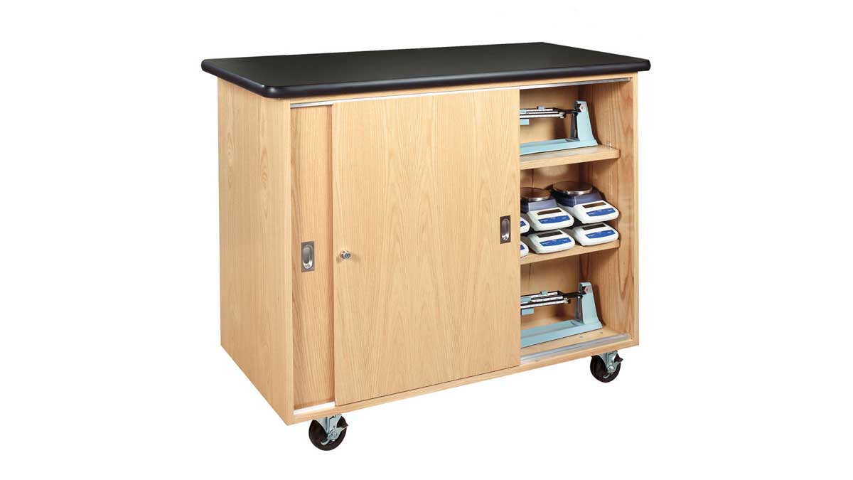 mobile wood storage cabinet with sliding doors and shelves for storing and transporting equipment