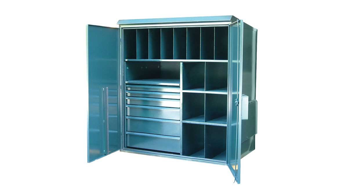 secure outdoor storage cabinet with weatherproof protection for various supplies