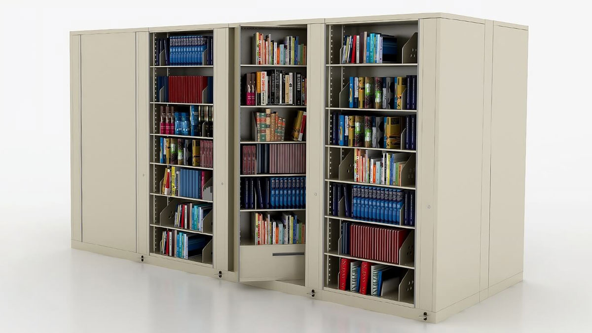 Spinning file cabinet shelves filled with books and binders for library or archive storage