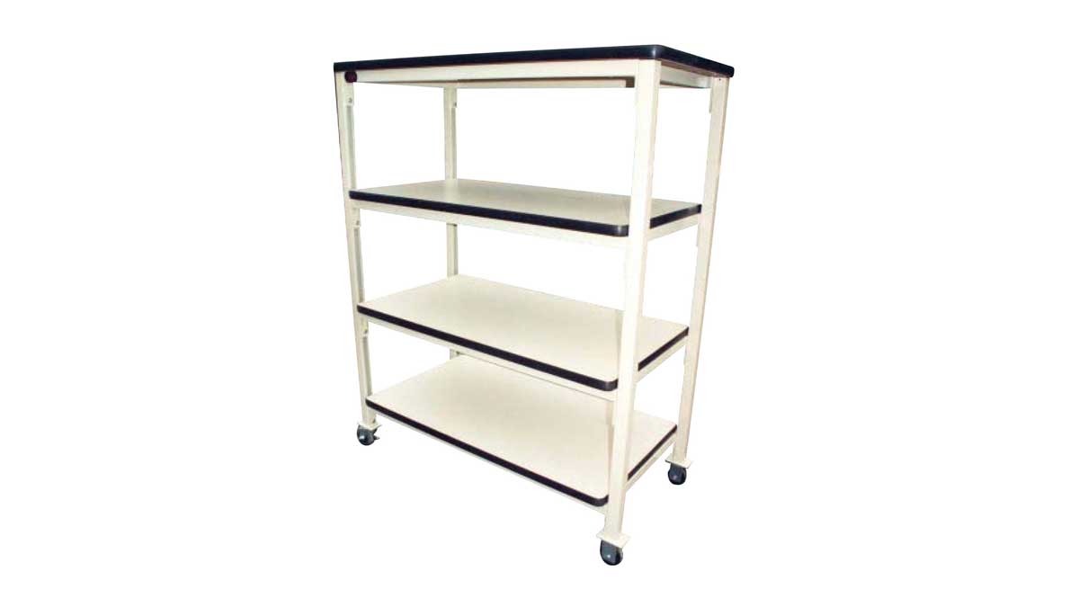 esd mobile cart with four durable shelves for transporting electronic components in labs or workstations
