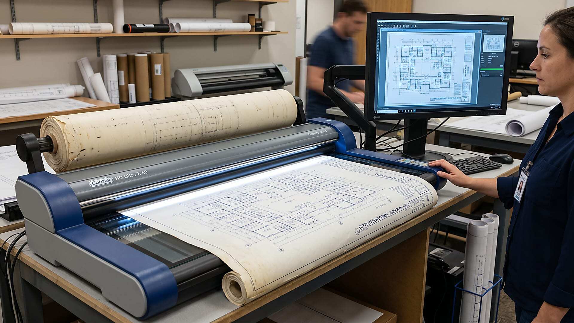 Rolled architectural plans stored in the City of Euless Public Works department.