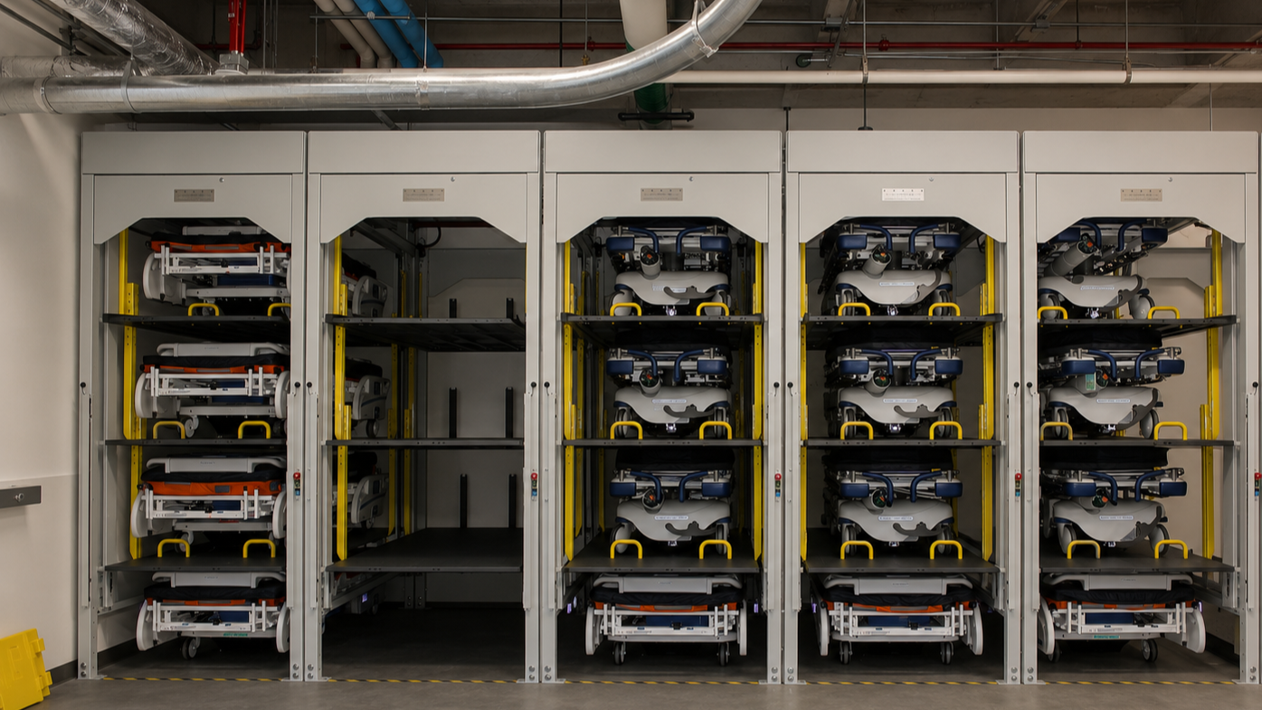 Vertical hospital bed storage system installed at a Plano healthcare facility