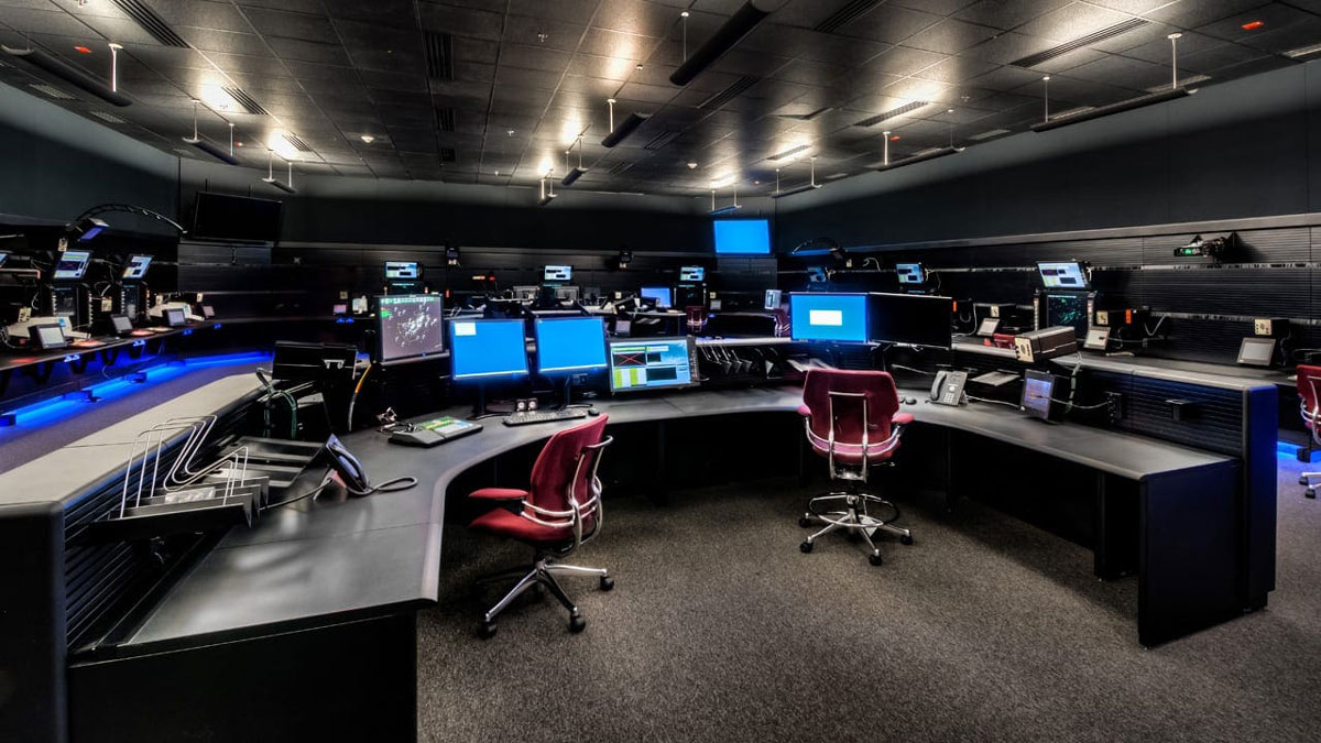 Command center workstations featuring modular desks and integrated technology