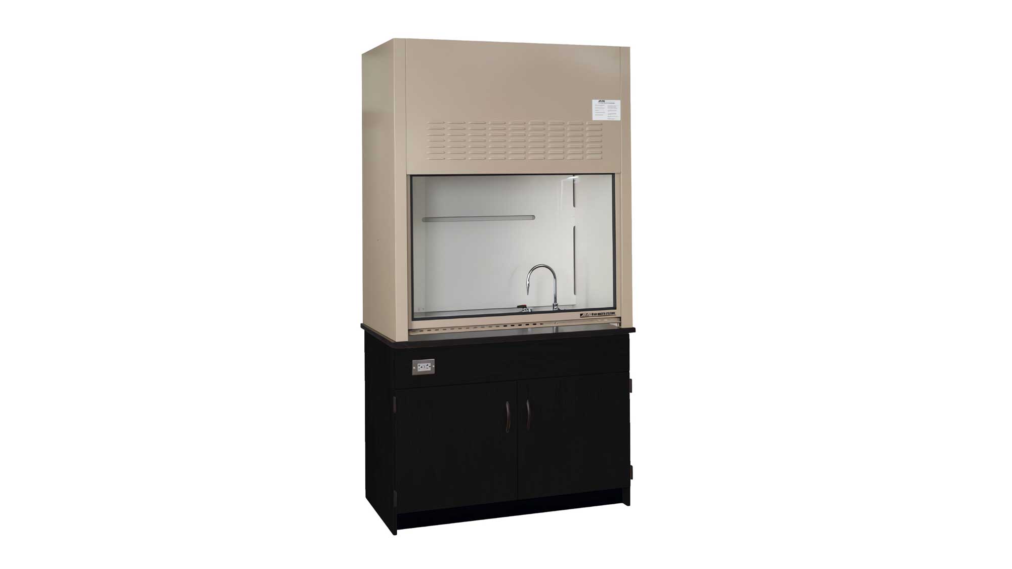 Beige fume hood installed over black storage cabinet with glass sash and utility faucet