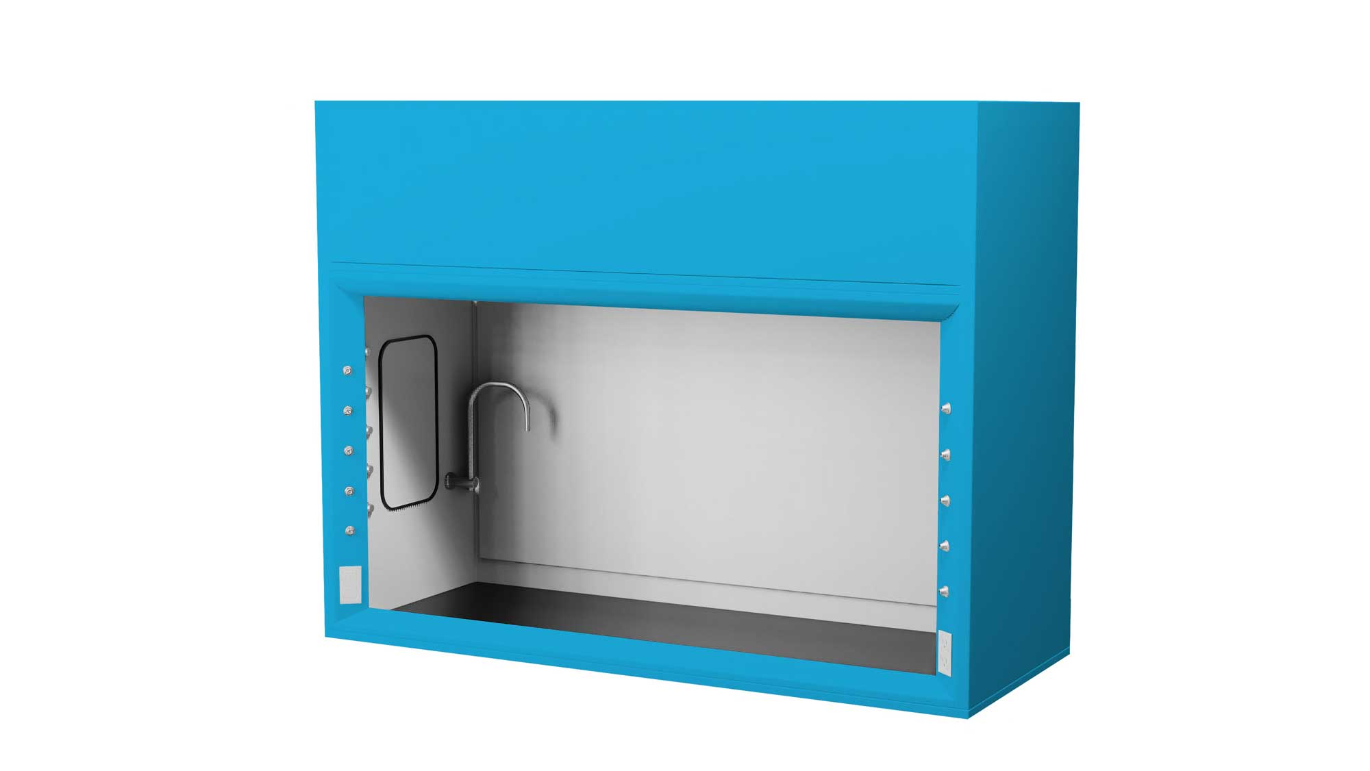 Blue bench-top hopper-pass fume hood with epoxy work surface and service connections