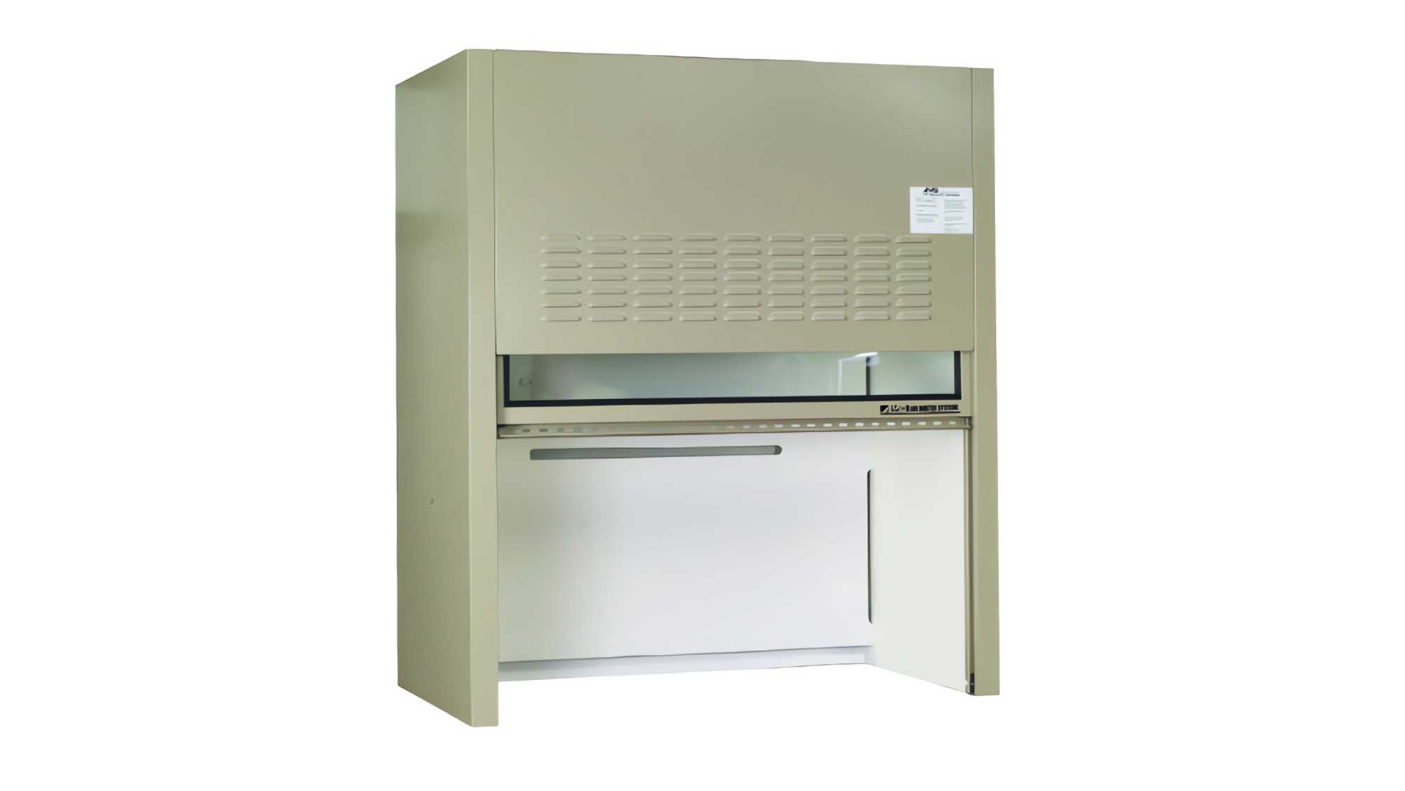 Green fume hood on wood base cabinet with black countertop and interior lighting
