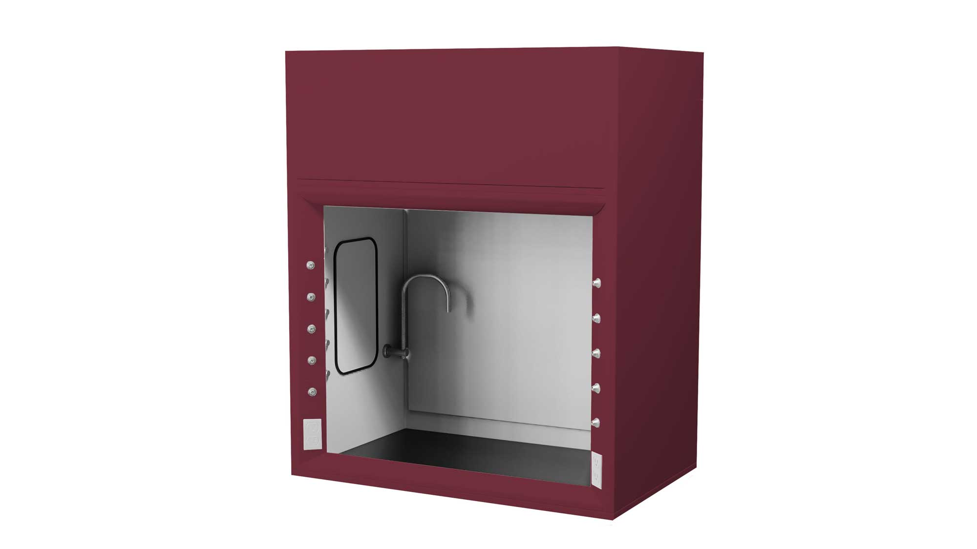 maroon V116 laboratory hopper-pass fume hood featuring stainless steel work surface and side service valves